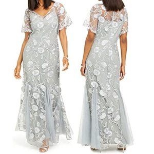 Alex EveningsGray Embroidered Zippered Floral Flutter Sleeve V Neck Size 16